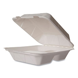 Vegware™ White Molded Fiber Clamshell Containers, 3-Compartment, 8 x 17 x 2, White, Sugarcane, 200/Carton