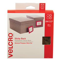 Velcro Sticky-Back Fasteners with Dispenser Box, Removable Adhesive, 0.75 in dia, Beige, 200/Roll