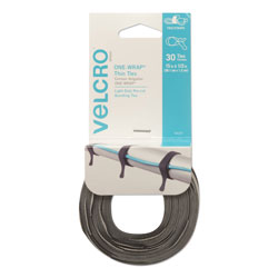 Velcro ONE-WRAP Pre-Cut Thin Ties, 0.5 in x 15 in, Black/Gray, 30/Pack