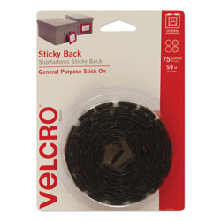 Velcro Sticky-Back Fasteners, Removable Adhesive, 0.63 in dia, Black, 75/Pack