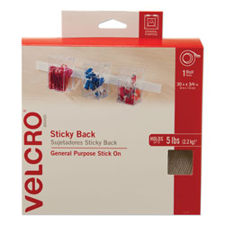 Velcro Sticky-Back Fasteners, Removable Adhesive, 0.75 in x 30 ft, White
