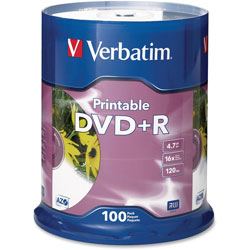 Verbatim DVD+R, 16x, 4.7GB, Inkjet Printable, 100/PK, White