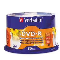 Verbatim DVD-R Discs 4.7GB 16X DataLifePlus White Inkjet Printable, 50/PK Spindle