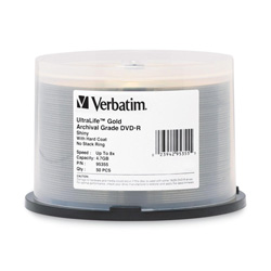 Verbatim UltraLife Gold Archival Grade w/Branded Surface DVD-R, 4.7GB/16X, 50/PK Spindle