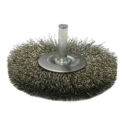Weiler Crimped Wire Radial Wheel Brush, 3 in dia x 1/2 in W Face, 0.014 Stainless Steel Wire, 20000 RPM, 1/4 in Stem