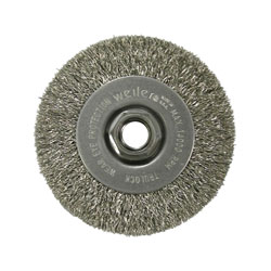 Weiler Crimped Wire Wheel, 4 in dia x 1/2 in W, 0.014 in Stainless Steel Wire, 14000 RPM