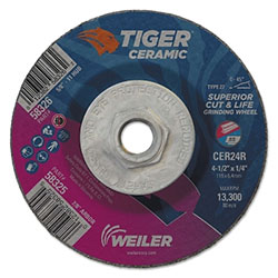 Weiler Tiger Ceramic Grinding Wheels, 4.5 in Dia, 1/4 in Thick, 5/8 in Arbor,10/bx