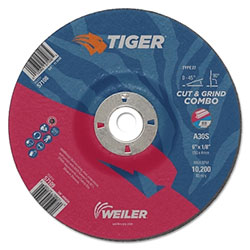 Weiler Tiger Combo Wheels, 6 in Dia., 1/8 in Thick, 7/8 in Arbor, 24 Grit, Aluminum Oxide