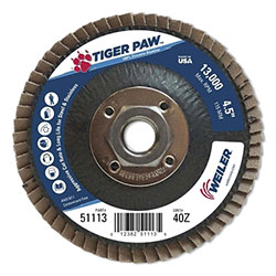 Weiler Tiger Paw™ Coated Abrasive Flap Disc, 4-1/2 in, 40 Grit, 5/8 Arbor, Phenolic Back
