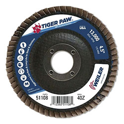 Weiler Tiger Paw™ Coated Abrasive Flap Discs, 4-1/2 in dia, 40 Grit, 7/8 Arbor, 13000 rpm, Type 27