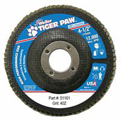 Weiler Tiger Paw Coated Abrasive Flap Discs, 4 1/2in, 40 Grit, 7/8 Arbor, 12,000 rpm