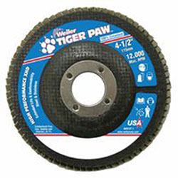 Weiler Tiger Paw Coated Abrasive Flap Discs, 4 1/2in, 60 Grit, 7/8 Arbor, 12,000 rpm