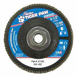 Weiler Tiger Paw Super High Density Flap Discs, 4 1/2in, 40 Grit, 5/8 Arbor, 12,000 rpm