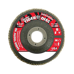 Weiler Tiger® Saber Tooth™ Ceramic High Density Flap Disc, 4-1/2 in dia, 40 Grit, 7/8 in Arbor, 13000 RPM, Type 27