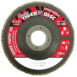 Weiler Tiger® Saber Tooth™ Ceramic High Density Flap Disc, 4-1/2 in dia, 60 Grit, 7/8 in Arbor, 13,000 RPM, Type 27
