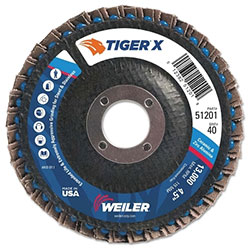 Weiler Tiger® X Flap Disc, 4-1/2 in dia, 40 Grit, 7/8 in Arbor, 13000 rpm, Type 29