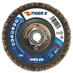Weiler Tiger® X Flap Disc, 4-1/2 in Angled, 80 Grit, 5/8 in to 11 Arbor