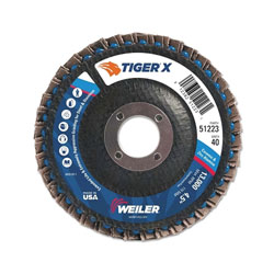 Weiler Tiger® X Flap Disc, 4-1/2 in dia, 40 Grit, 7/8 in Arbor, 13000 rpm, Type 27