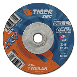 Weiler Tiger® Zirc Grinding Wheel, 4-1/2 in Dia, 1/4 in Thick, 5/8 in-11 Arbor