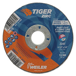 Weiler Tiger® Zirc Grinding Wheel, 4-1/2 in Dia, 1/4 in Thick, 7/8 in Arbor