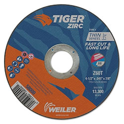 Weiler Tiger® Zirc Thin Cutting Wheel, 4-1/2 in dia, 0.045 in Thick, 7/8 in Arbor, 60 Grit, Zirconia Alumina, Type 1