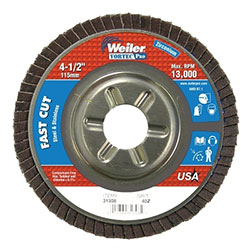 Weiler Vortec Pro Abrasive Flap Discs,4.5 in, 40 Grit, 7/8 Arbor, 13,000 rpm, Alum Back
