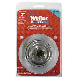 Weiler Vortec Pro® Knot Wire Cup Brush, 3 in dia, 5/8 in-11 Arbor, 0.02 in Carbon Steel Wire