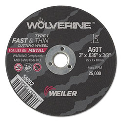 Weiler Wolverine™ Flat Type 1 Cutting Wheel, 3 in dia, 0.035 in Thick, 60 Grit, Aluminum Oxide