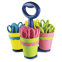Westcott® Scissor Caddy with Kids' Scissors, 5 in Long, 2 in Cut Length, Light Blue; Light Green; Pink; Yellow, Straight Handles, 24/Set