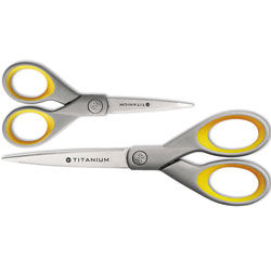 Westcott® Titanium Bonded Scissors, Pointed Tip, 5 in and 7 in Long, 2.25 in and 3.5 in Cut Lengths, Gray/Yellow Straight Handles, 2/Pack