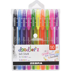 Zebra Pen Doodler'z Gel Stick Pen Set, Bold Pen Point, 1 mm Pen Point Size, Assorted Neon Gel-based, Water Based Ink, Translucent Barrel, 1/Pack