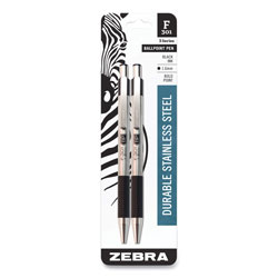 Zebra Pen F-301 Ballpoint Pen, Retractable, Bold 1.6 mm, Black Ink, Stainless Steel/Black Barrel, 2/Pack