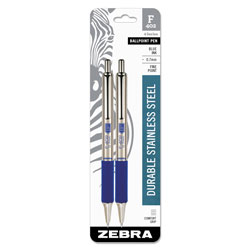 Zebra Pen F-402 Retractable Ballpoint Pen, 0.7mm, Blue Ink, Stainless Steel/Blue Barrel, 2/Pack