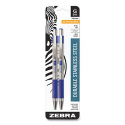 Zebra Pen G-301 Retractable Gel Pen, Medium 0.7 mm, Blue Ink, Stainless Steel/Blue Barrel, 2/Pack