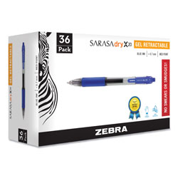 Zebra Pen Sarasa Dry Gel X20 Retractable Gel Pen, Medium 0.7mm, Blue Ink, Translucent Blue Barrel, 36/Pack