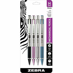 Zebra Pen STEEL 3 Mechanic Pencil, HB Lead, 0.7 mm Lead Diameter, Medium Point, Refillable, Black Stainless Steel, Pink, Silver, Blue Barrel, 4/Pack