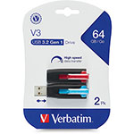 Verbatim 64GB Store 'n' Go V3 USB 3.0 Flash Drive - 2pk - Red, Blue - 64 GB - USB 3.0 - Blue, Red - Lifetime Warranty - 2 Pack orginal image
