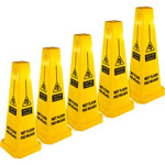 Genuine Joe Bright 4-sided CAUTION Safety Cone, 5/Carton, Cone Shape, Stackable, Four Sided, Polypropylene, Yellow orginal image