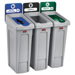 Rubbermaid Slim Jim Recycling Station Kit, 3-Stream Landfill/Mixed Recycling, 69 gal, Plastic, Blue/Gray/Green orginal image