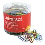 Universal Plastic-Coated Paper Clips with One-Compartment Storage Tub, #1, Assorted Colors, 500/Pack orginal image