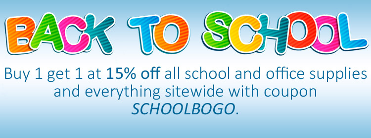 Back to School BOGO | Buy 1 get 1 at 15% off all school and office supplies.