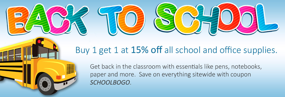 Back to School BOGO | Buy 1 get 1 at 15% off all school and office supplies.